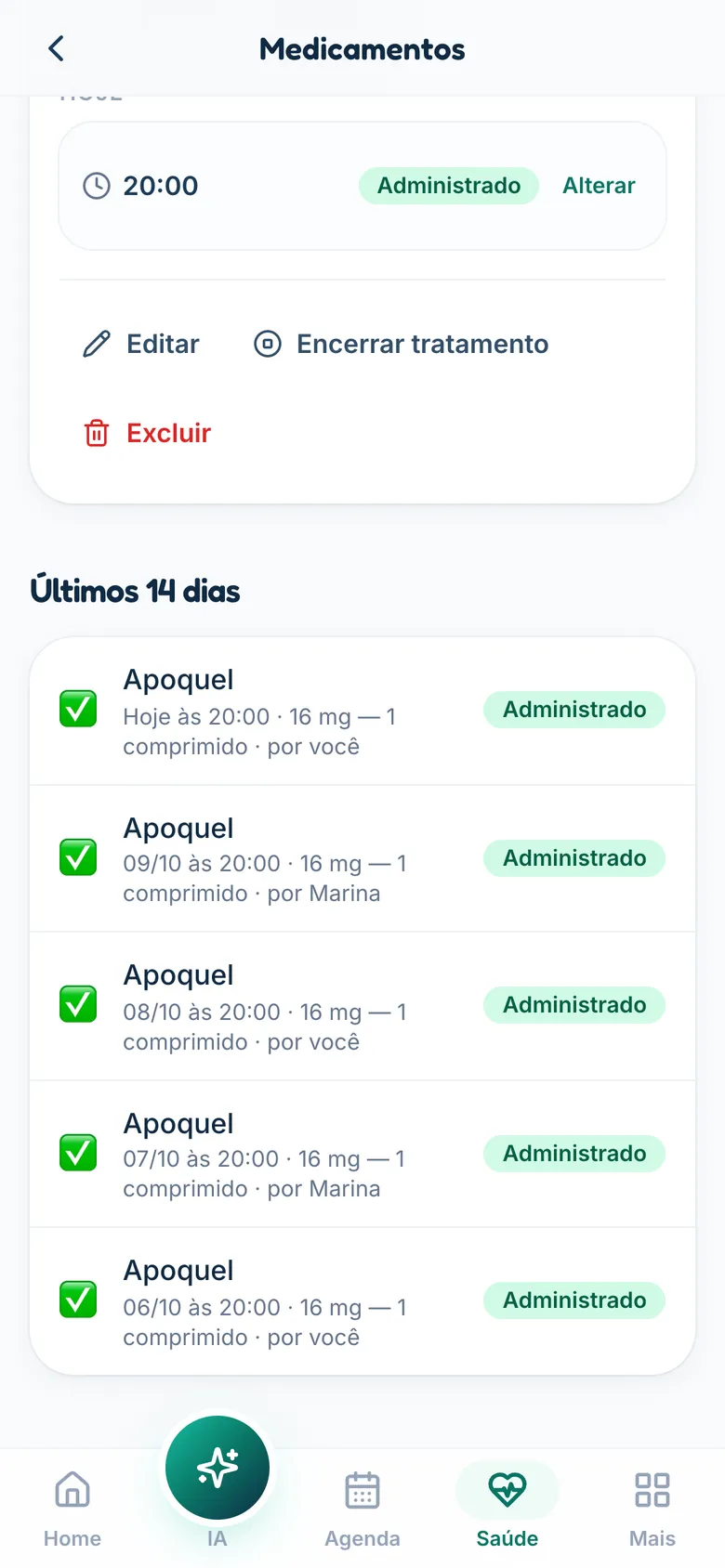 Histórico de doses mostrando quem deu cada remédio