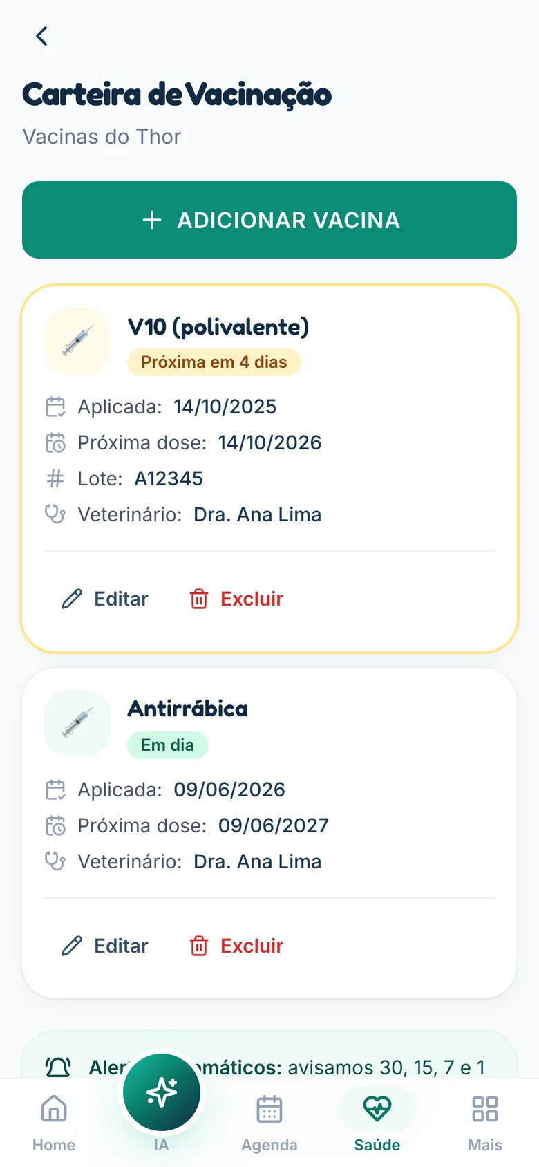 Carteira de vacinação digital do KuidaPET com a próxima dose em destaque